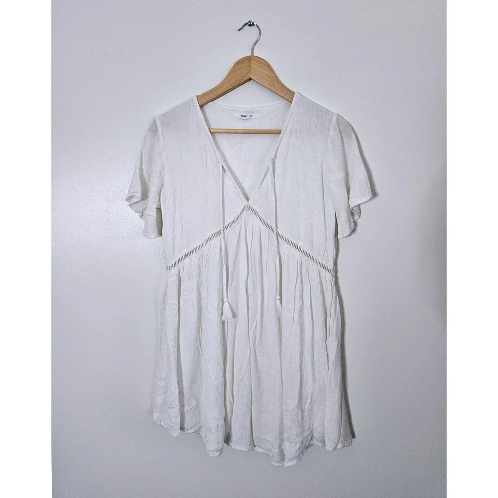 O'Neill White Gauze Mini Dress L Lace Trim Boho Beach Coverup Tassel Coastal - Picture 2 of 7